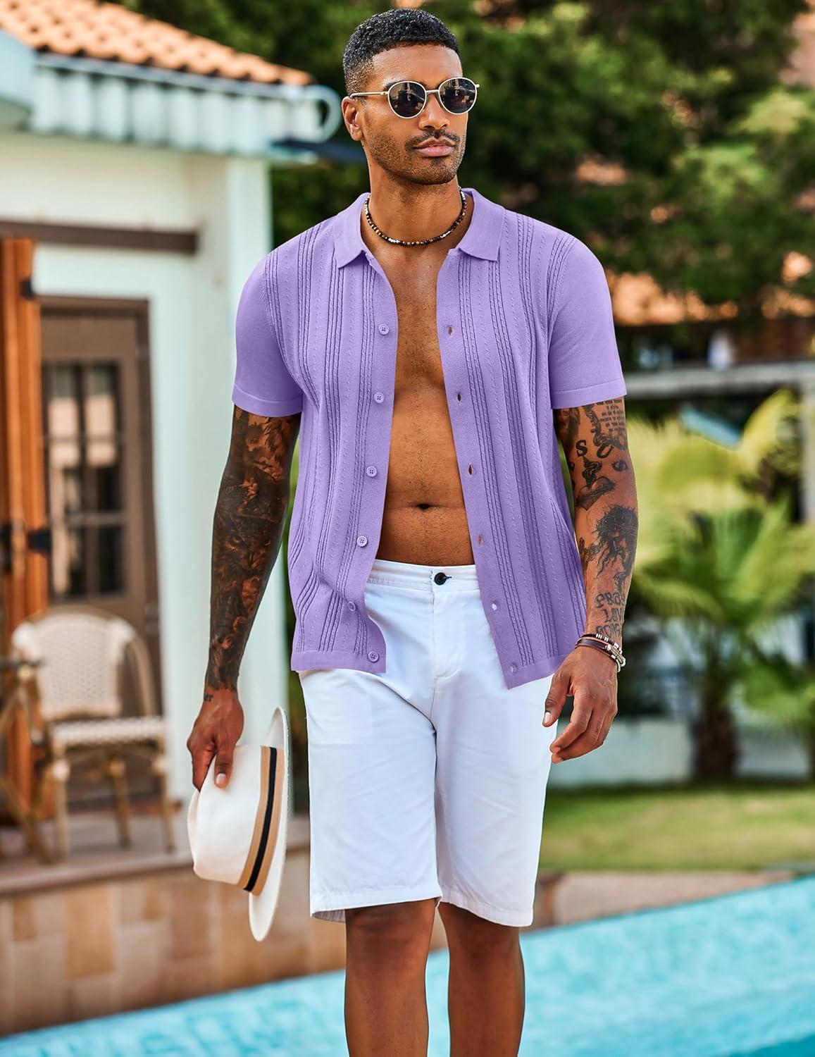 imageCOOFANDY Mens Knit Shirts Short Sleeve Casual Button Down Polo Shirt Summer Beach Vacation ShirtsLilac