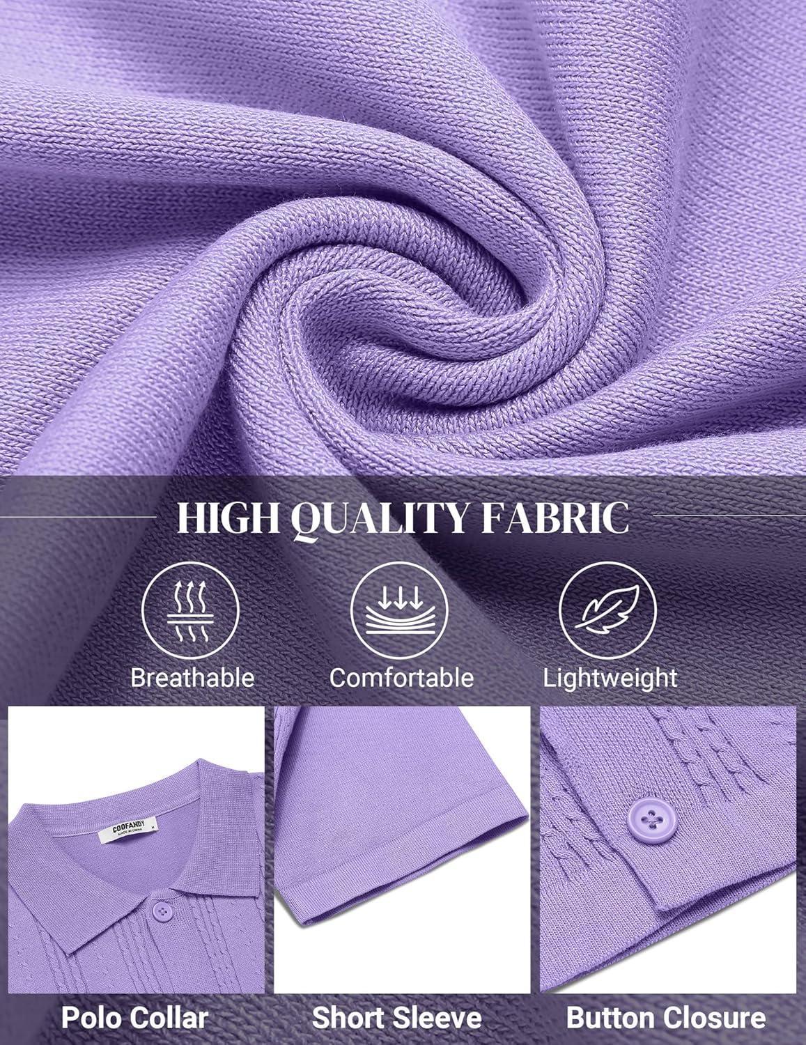 imageCOOFANDY Mens Knit Shirts Short Sleeve Casual Button Down Polo Shirt Summer Beach Vacation ShirtsLilac