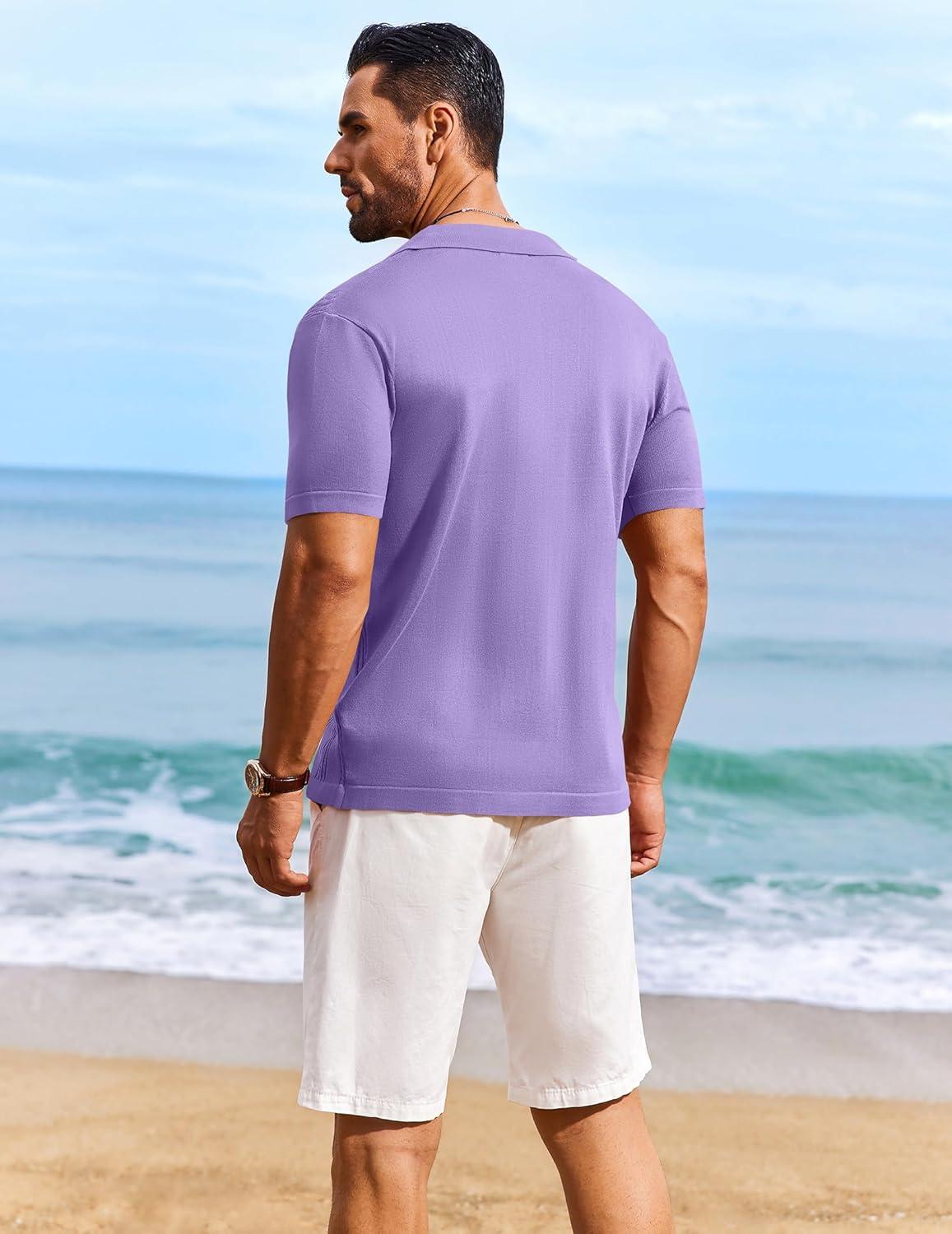 imageCOOFANDY Mens Knit Shirts Short Sleeve Casual Button Down Polo Shirt Summer Beach Vacation ShirtsLilac