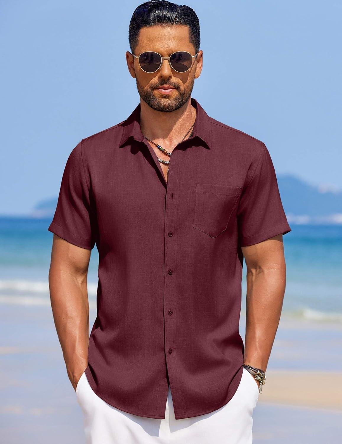 imageCOOFANDY Mens Knit Shirts Short Sleeve Casual Button Down Polo Shirt Summer Beach Vacation ShirtsMaroon Red