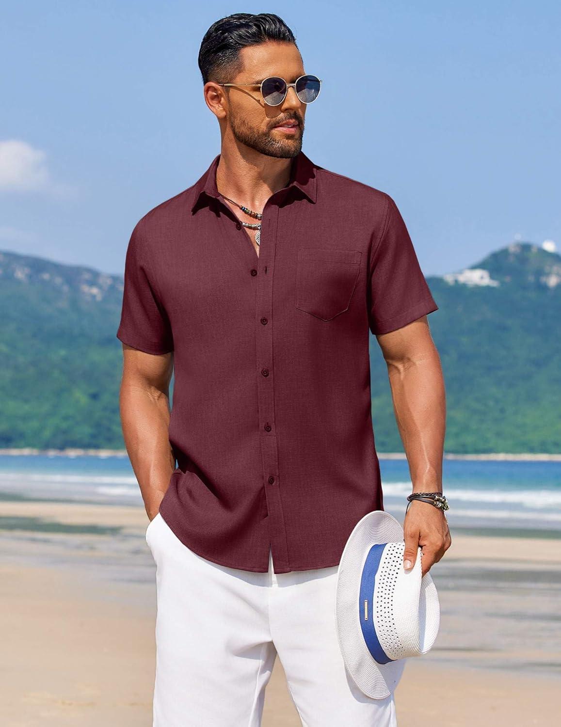 imageCOOFANDY Mens Knit Shirts Short Sleeve Casual Button Down Polo Shirt Summer Beach Vacation ShirtsMaroon Red