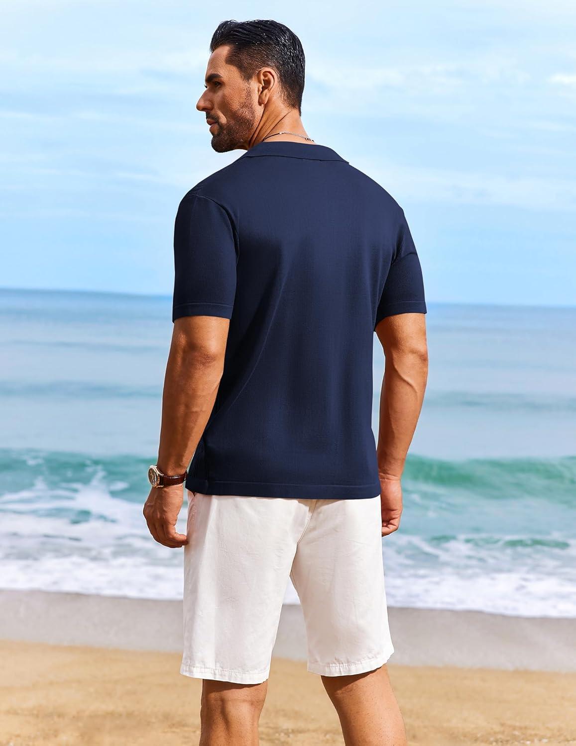 imageCOOFANDY Mens Knit Shirts Short Sleeve Casual Button Down Polo Shirt Summer Beach Vacation ShirtsNavy Blue