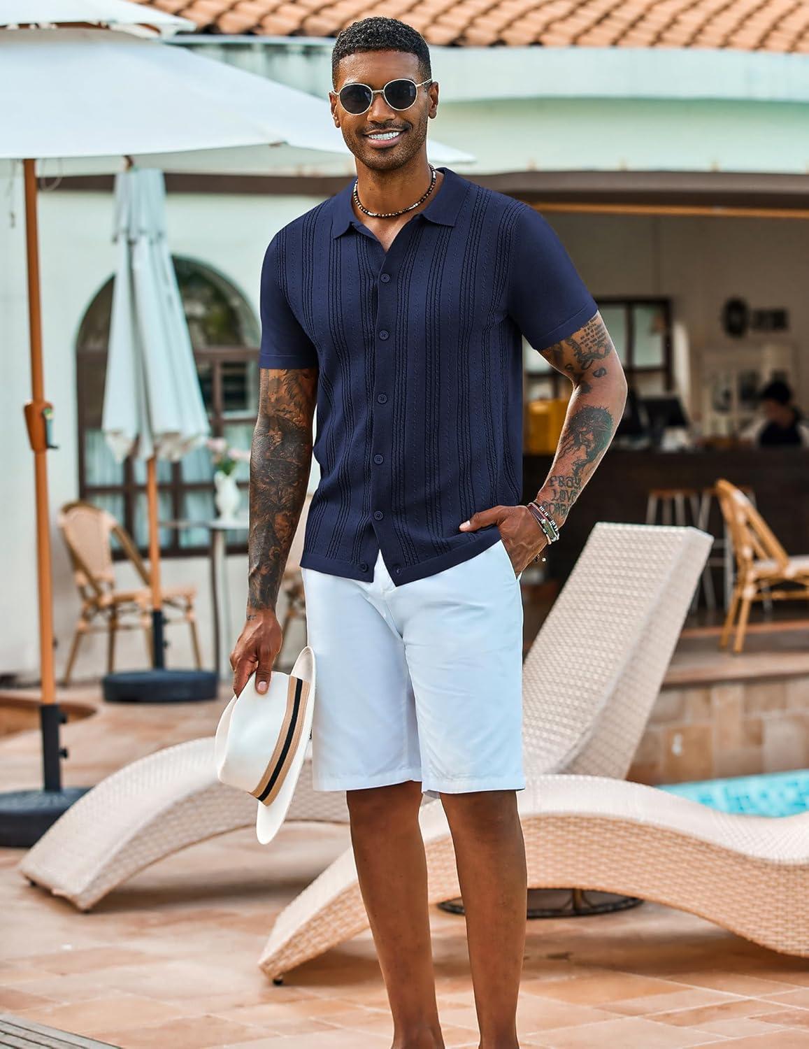 imageCOOFANDY Mens Knit Shirts Short Sleeve Casual Button Down Polo Shirt Summer Beach Vacation ShirtsNavy Blue