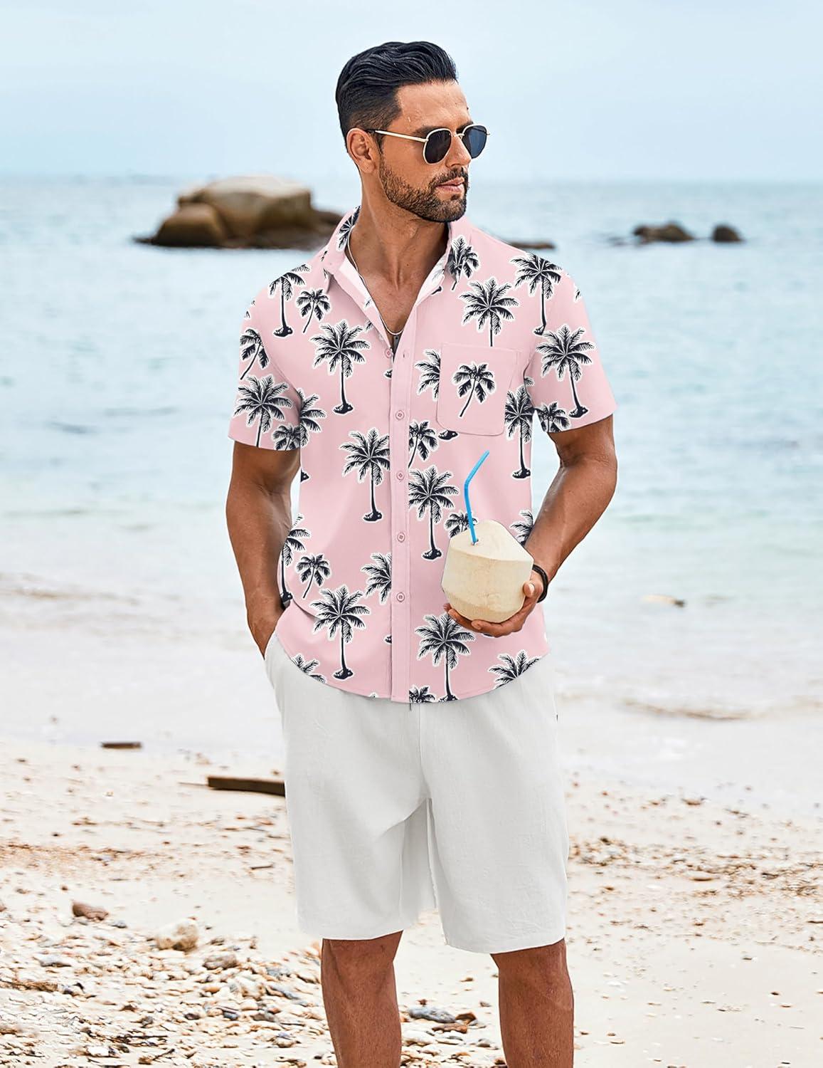 imageCOOFANDY Mens Knit Shirts Short Sleeve Casual Button Down Polo Shirt Summer Beach Vacation ShirtsPink Coconut Tree