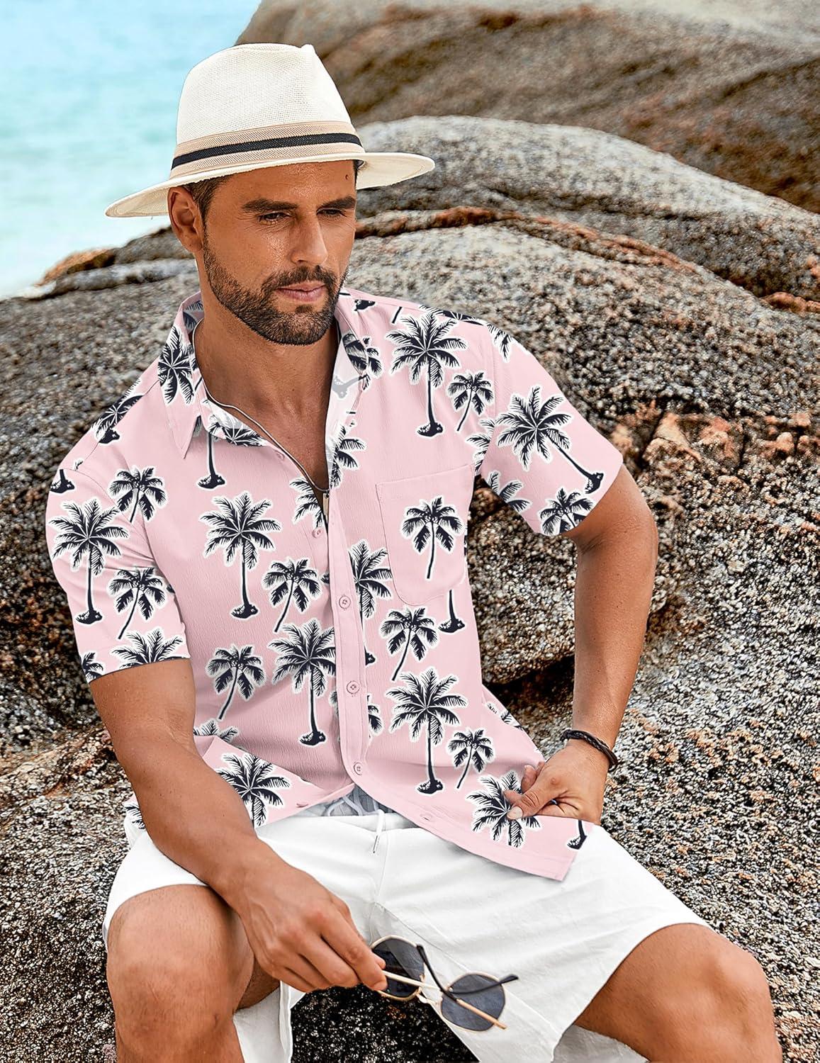 imageCOOFANDY Mens Knit Shirts Short Sleeve Casual Button Down Polo Shirt Summer Beach Vacation ShirtsPink Coconut Tree