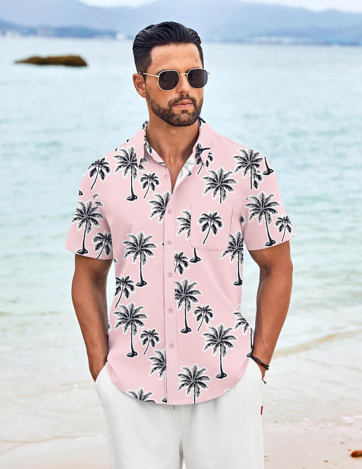 imageCOOFANDY Mens Knit Shirts Short Sleeve Casual Button Down Polo Shirt Summer Beach Vacation ShirtsPink Coconut Tree