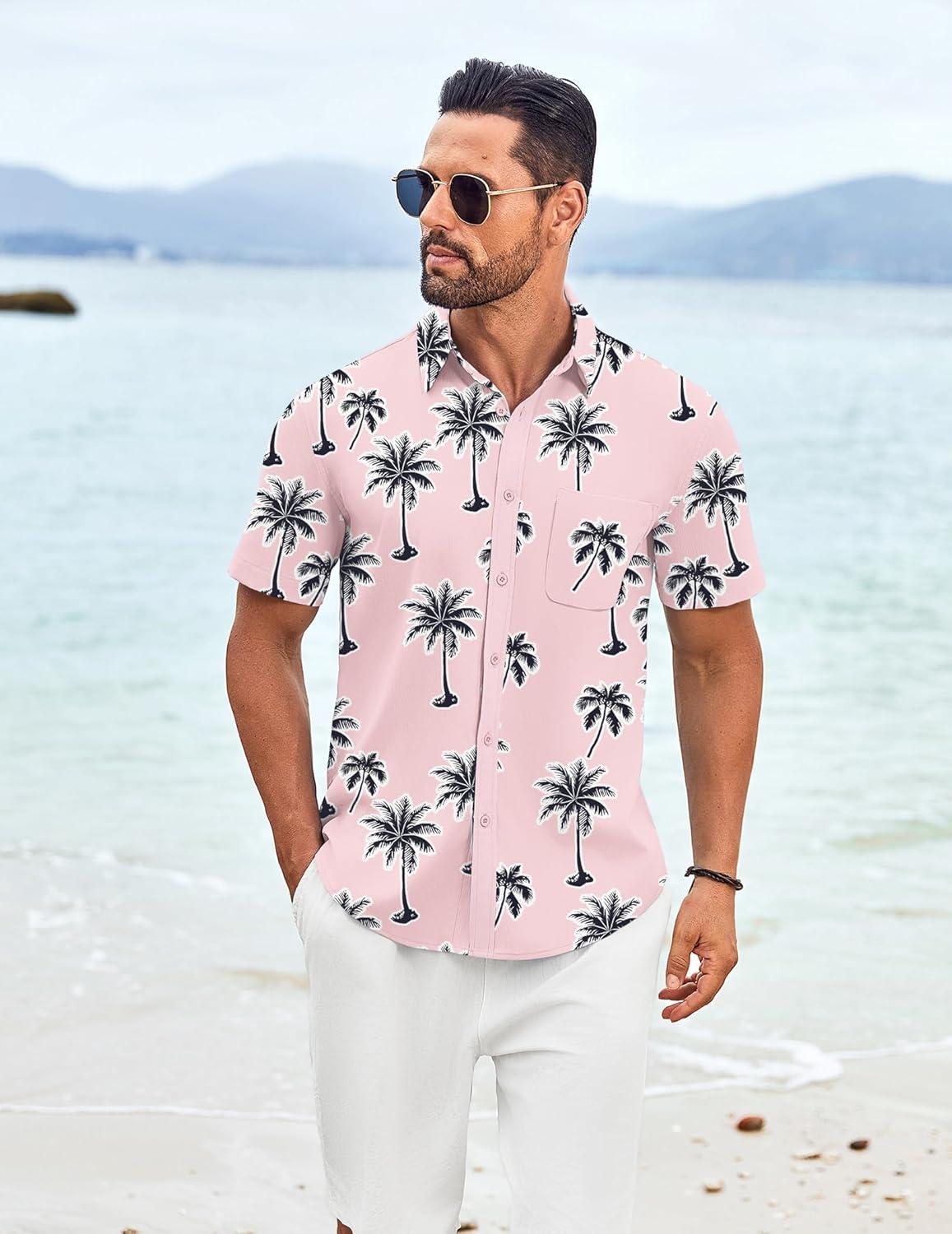 imageCOOFANDY Mens Knit Shirts Short Sleeve Casual Button Down Polo Shirt Summer Beach Vacation ShirtsPink Coconut Tree