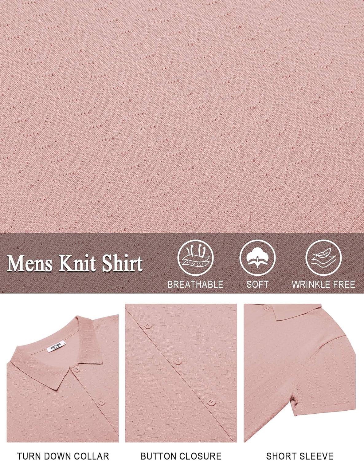 imageCOOFANDY Mens Knit Shirts Short Sleeve Casual Button Down Polo Shirt Summer Beach Vacation ShirtsPink