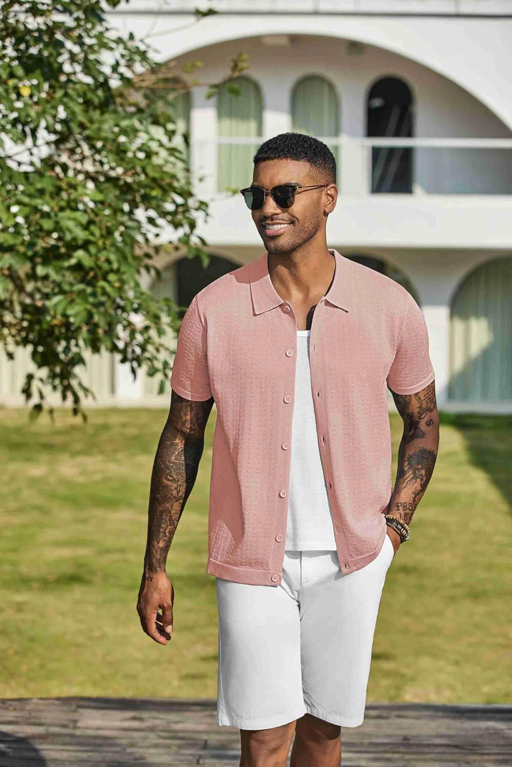 imageCOOFANDY Mens Knit Shirts Short Sleeve Casual Button Down Polo Shirt Summer Beach Vacation ShirtsPink