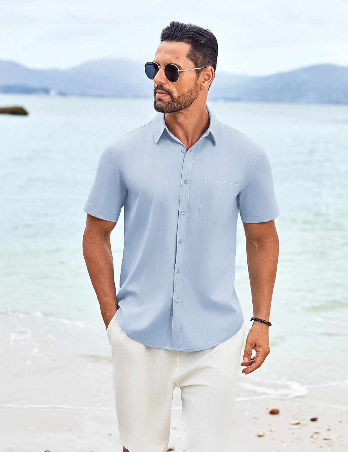 imageCOOFANDY Mens Knit Shirts Short Sleeve Casual Button Down Polo Shirt Summer Beach Vacation ShirtsSky Blue