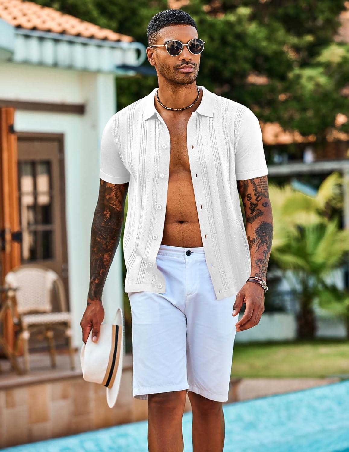 imageCOOFANDY Mens Knit Shirts Short Sleeve Casual Button Down Polo Shirt Summer Beach Vacation ShirtsWhite