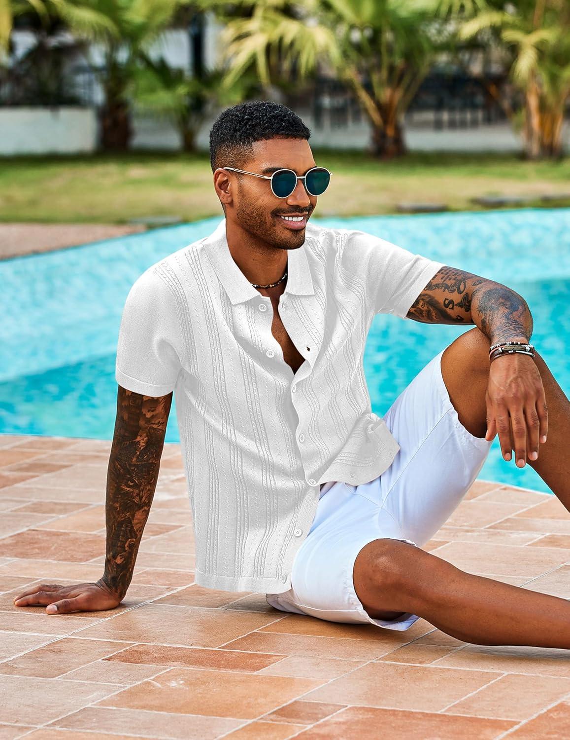 imageCOOFANDY Mens Knit Shirts Short Sleeve Casual Button Down Polo Shirt Summer Beach Vacation ShirtsWhite