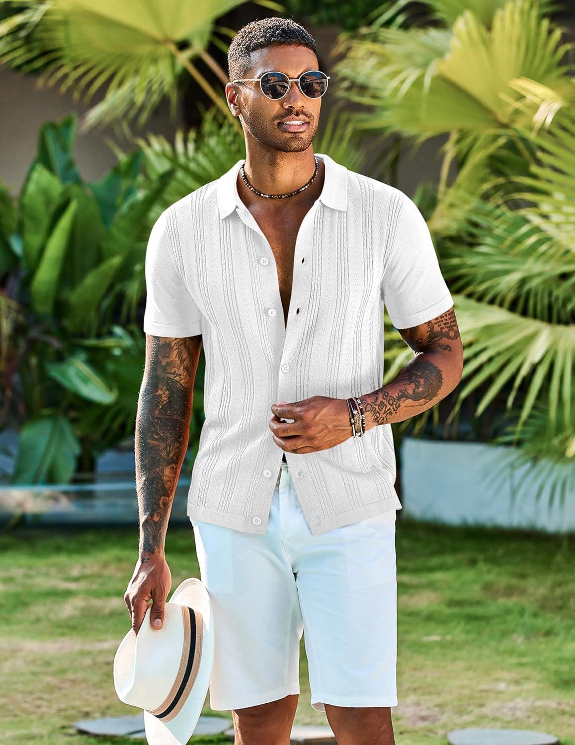 imageCOOFANDY Mens Knit Shirts Short Sleeve Casual Button Down Polo Shirt Summer Beach Vacation ShirtsWhite