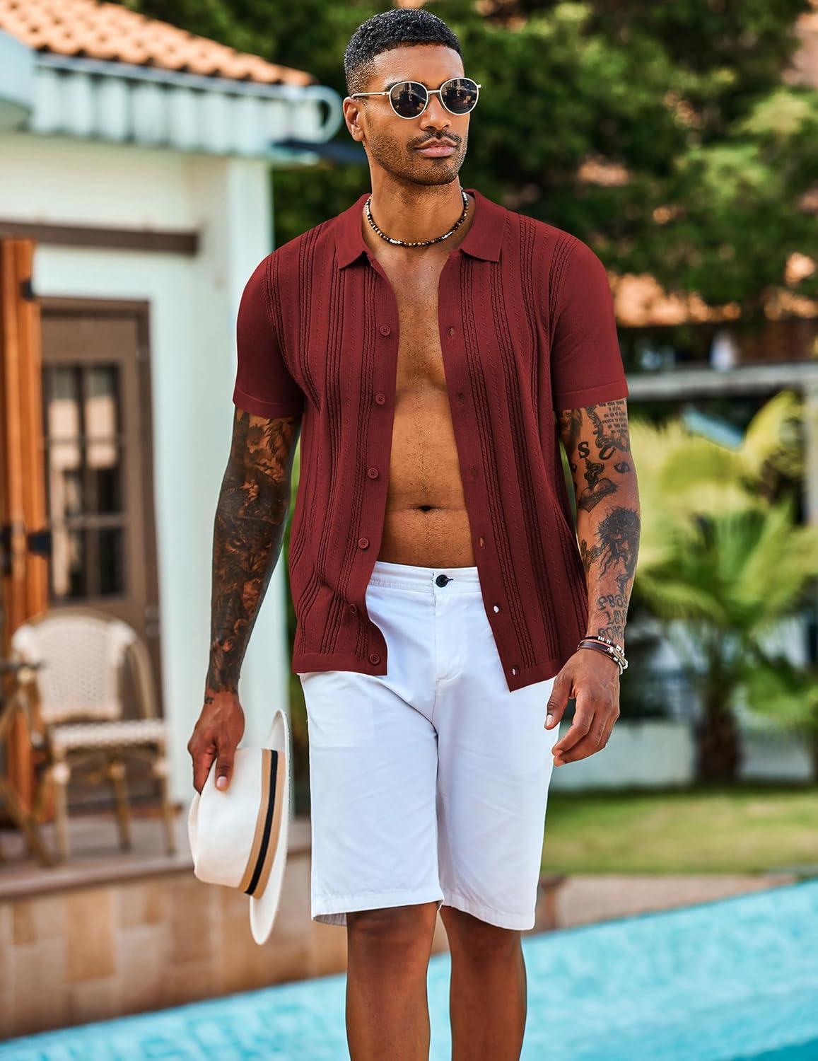 imageCOOFANDY Mens Knit Shirts Short Sleeve Casual Button Down Polo Shirt Summer Beach Vacation ShirtsWine Red