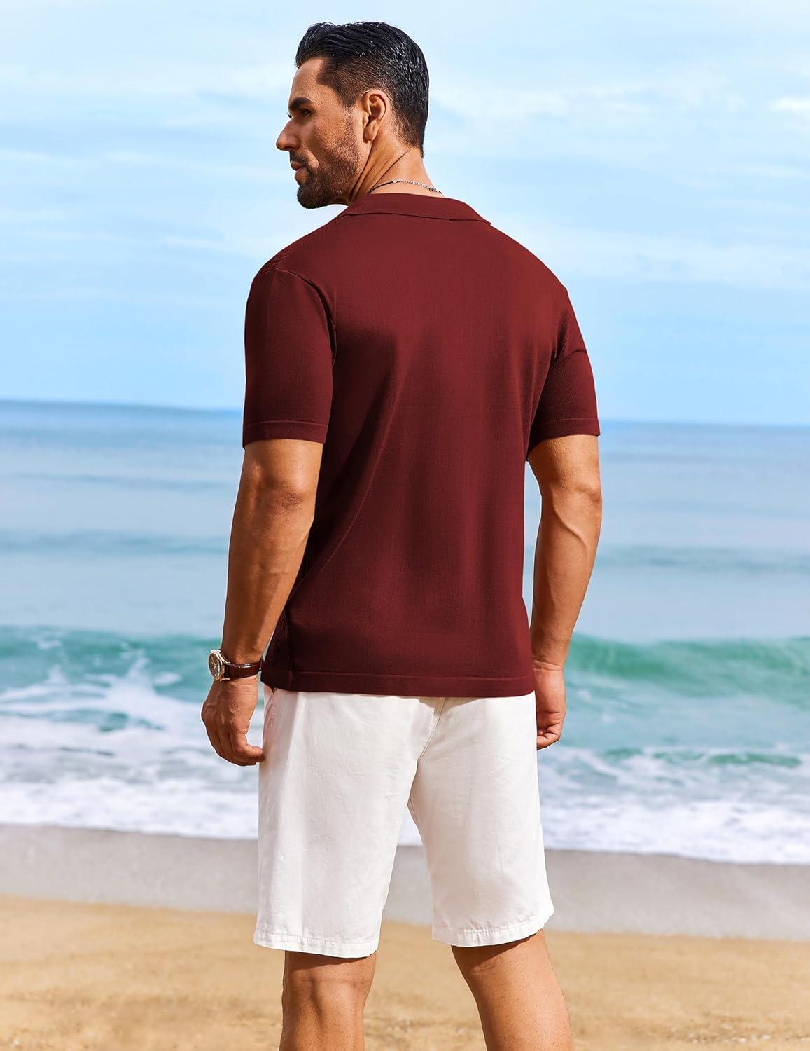 imageCOOFANDY Mens Knit Shirts Short Sleeve Casual Button Down Polo Shirt Summer Beach Vacation ShirtsWine Red