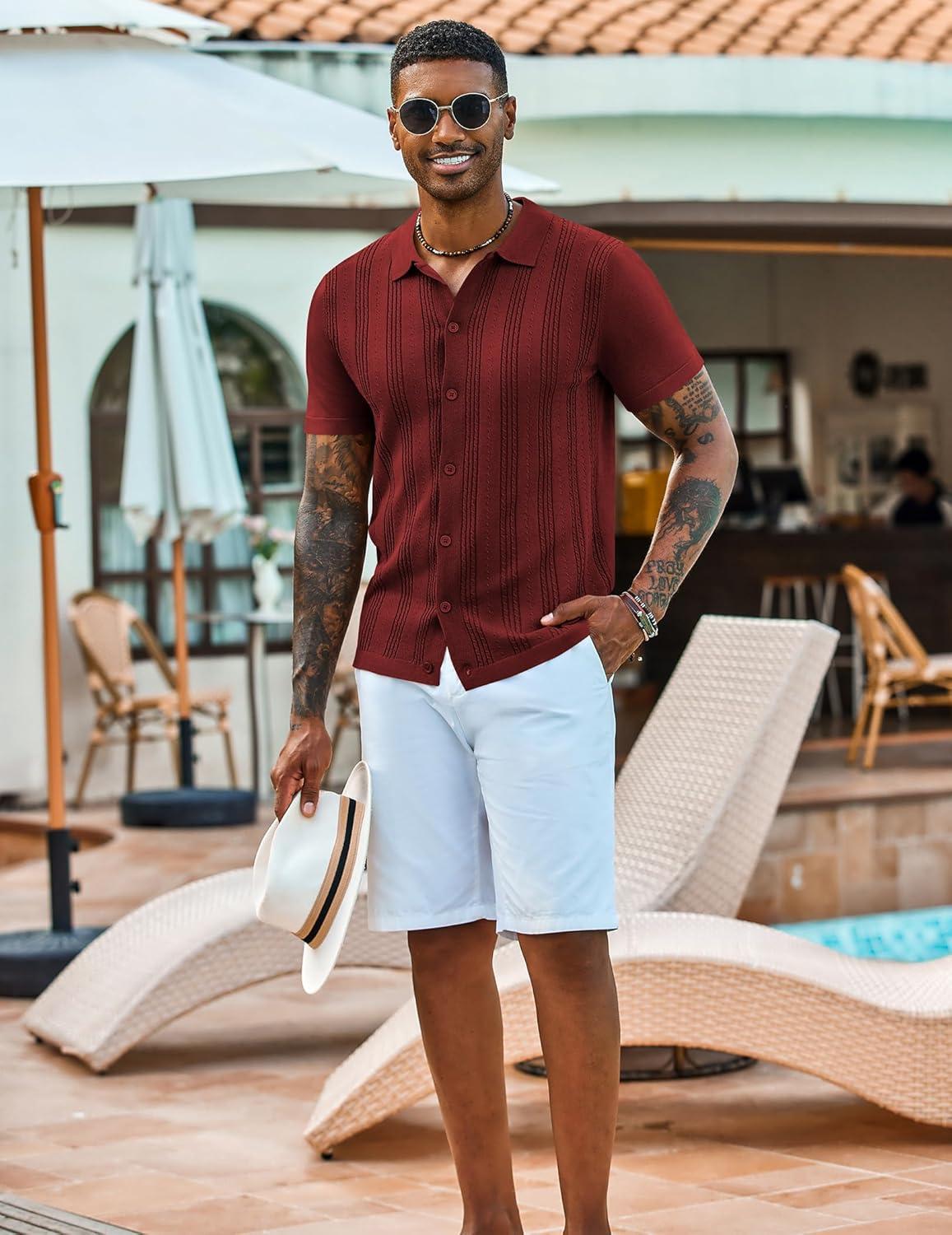 imageCOOFANDY Mens Knit Shirts Short Sleeve Casual Button Down Polo Shirt Summer Beach Vacation ShirtsWine Red