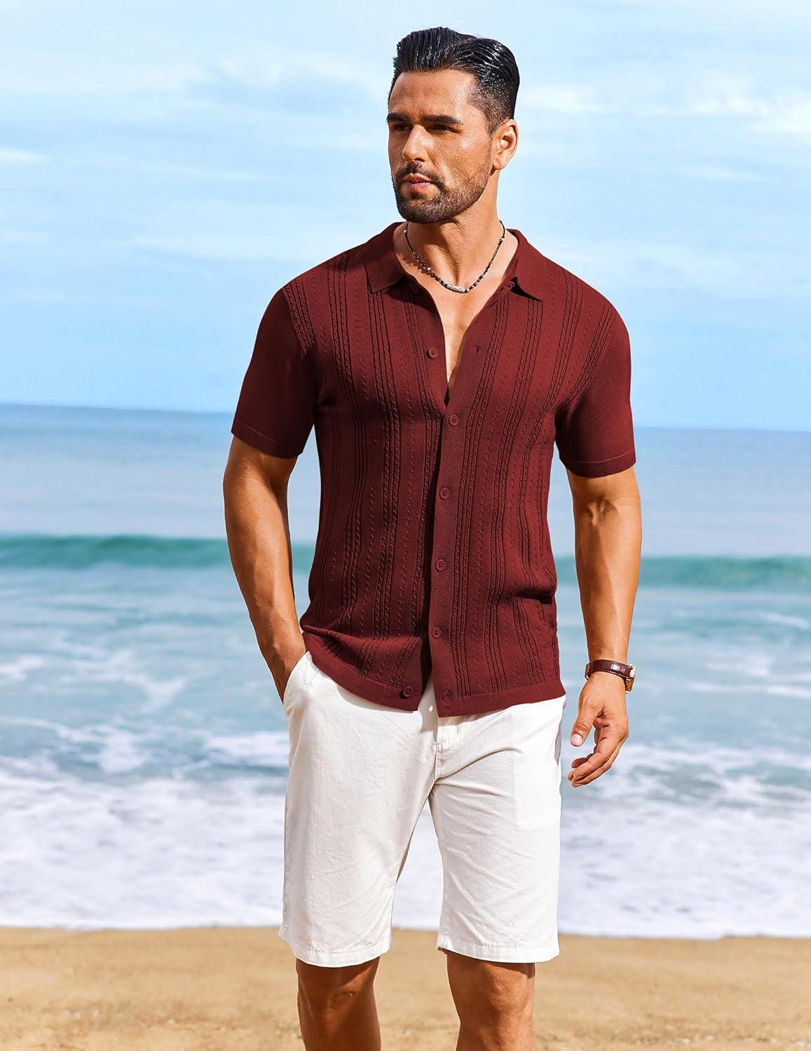 imageCOOFANDY Mens Knit Shirts Short Sleeve Casual Button Down Polo Shirt Summer Beach Vacation ShirtsWine Red