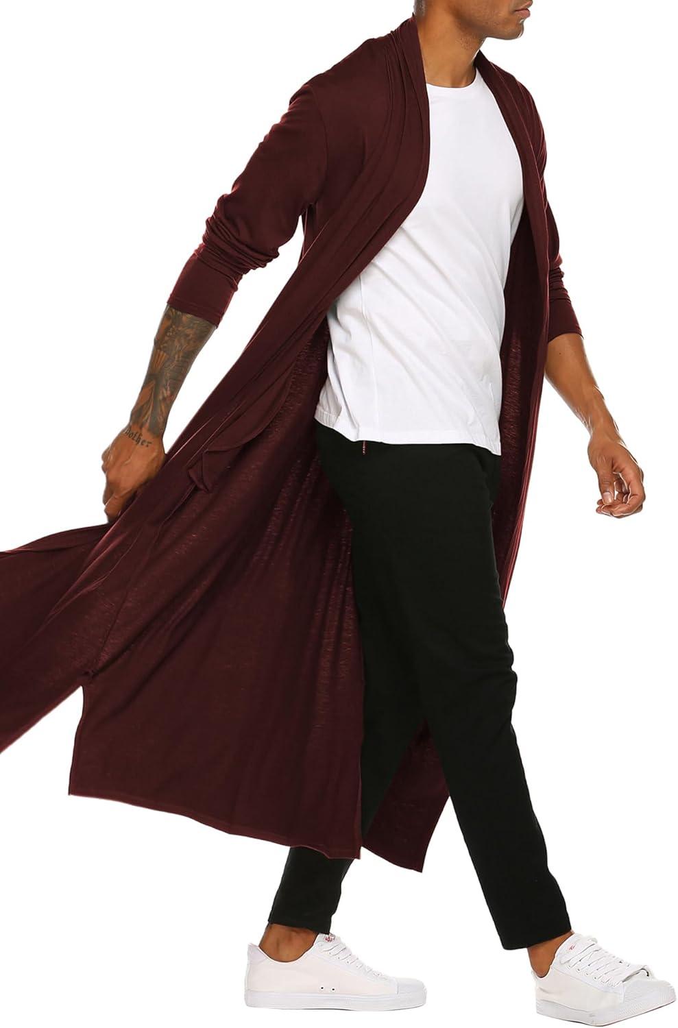 imageCOOFANDY Mens Lightweight Ruffle Shawl Collar Cardigan Open Front Long Length Drape Cape OvercoatWine Red