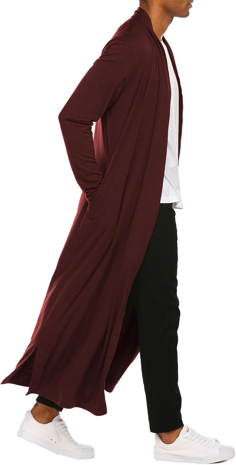 imageCOOFANDY Mens Lightweight Ruffle Shawl Collar Cardigan Open Front Long Length Drape Cape OvercoatWine Red