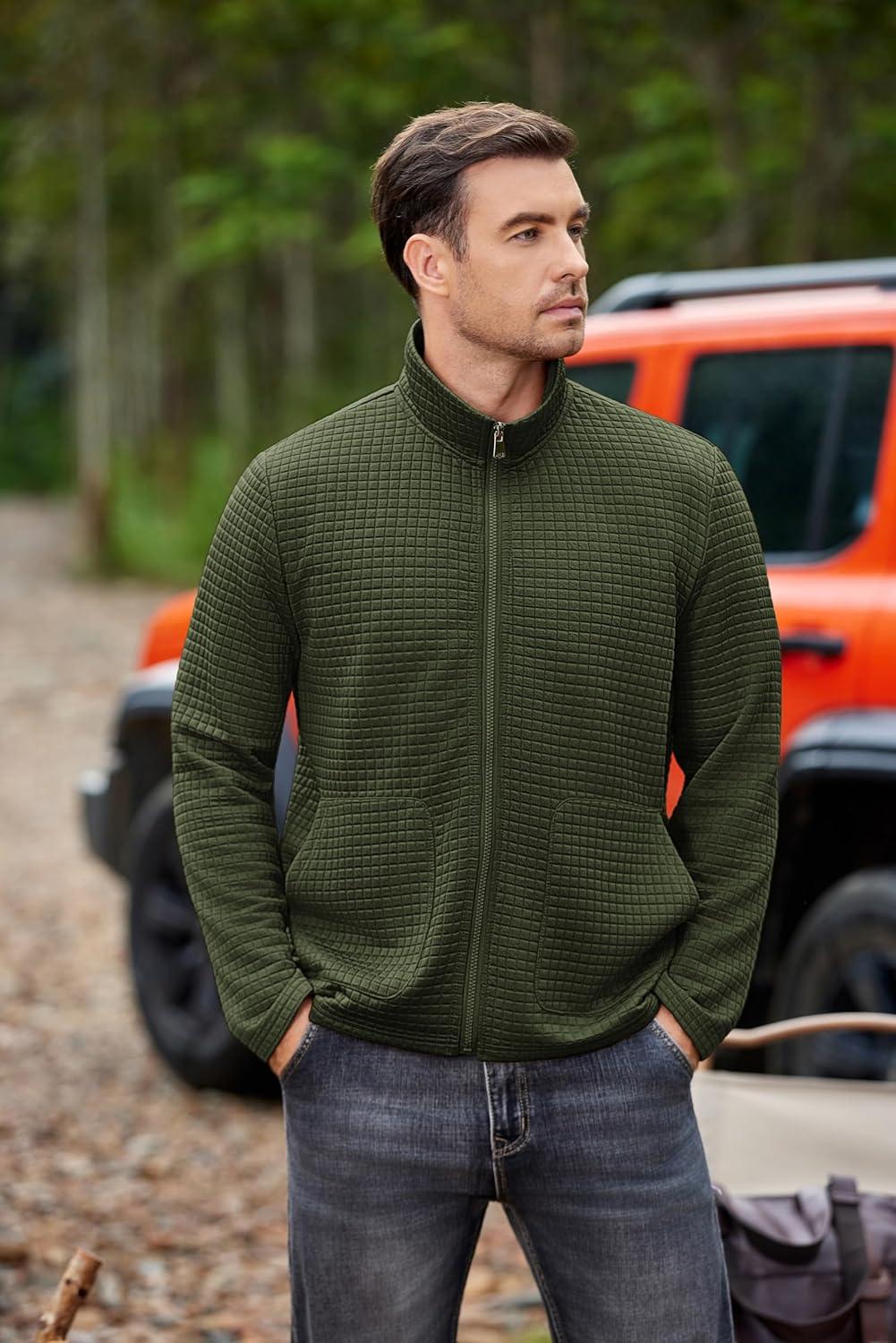 imageCOOFANDY Mens Lightweight Varsity Jacket Casual Bomber Jackets Waffle Zip Up Sweatshirts with PocketArmy Green