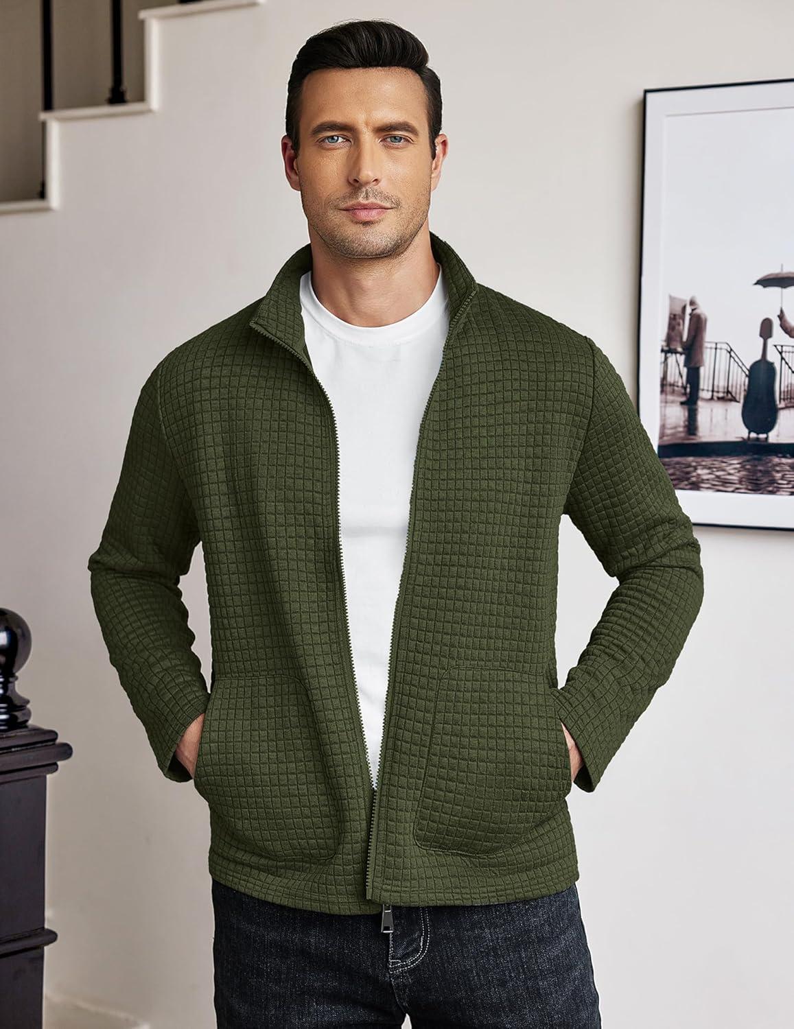 imageCOOFANDY Mens Lightweight Varsity Jacket Casual Bomber Jackets Waffle Zip Up Sweatshirts with PocketArmy Green