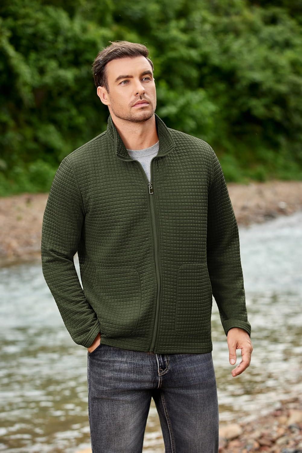 imageCOOFANDY Mens Lightweight Varsity Jacket Casual Bomber Jackets Waffle Zip Up Sweatshirts with PocketArmy Green