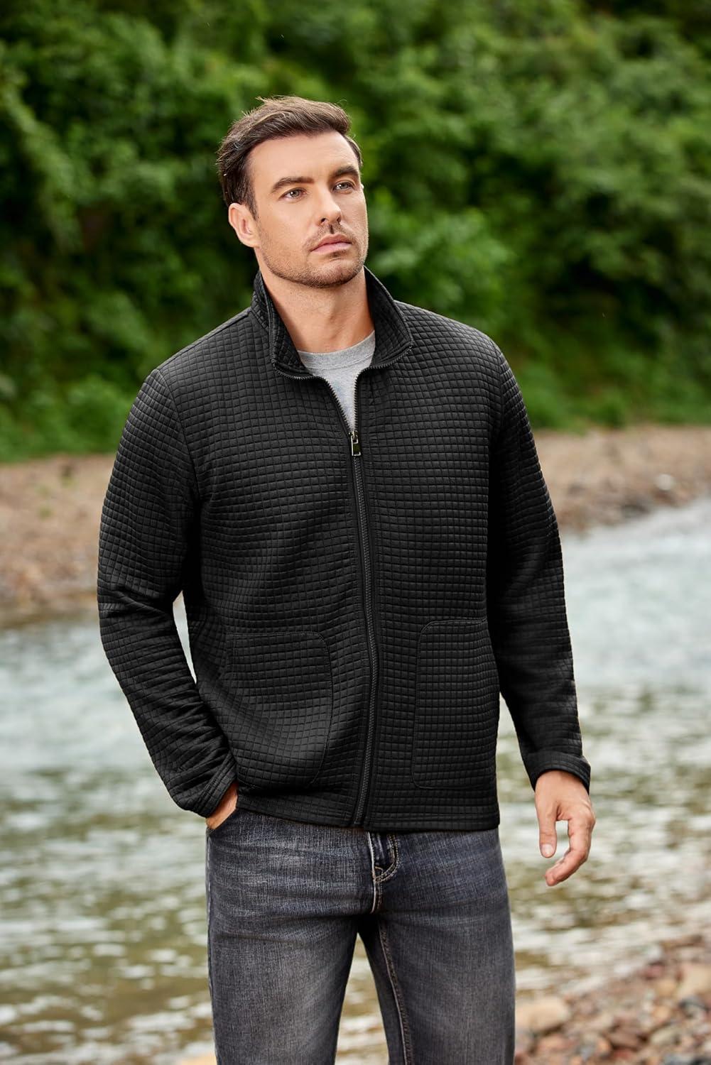 imageCOOFANDY Mens Lightweight Varsity Jacket Casual Bomber Jackets Waffle Zip Up Sweatshirts with PocketBlack