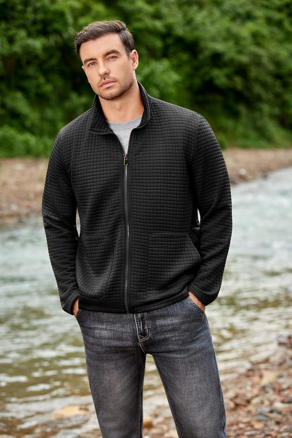 imageCOOFANDY Mens Lightweight Varsity Jacket Casual Bomber Jackets Waffle Zip Up Sweatshirts with PocketBlack