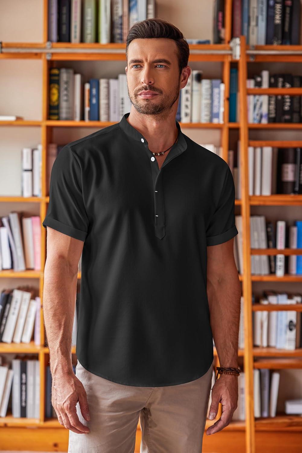 imageCOOFANDY Mens Linen Henley Shirt Short Sleeve Casual Summer Beach Hippie T ShirtsBlack