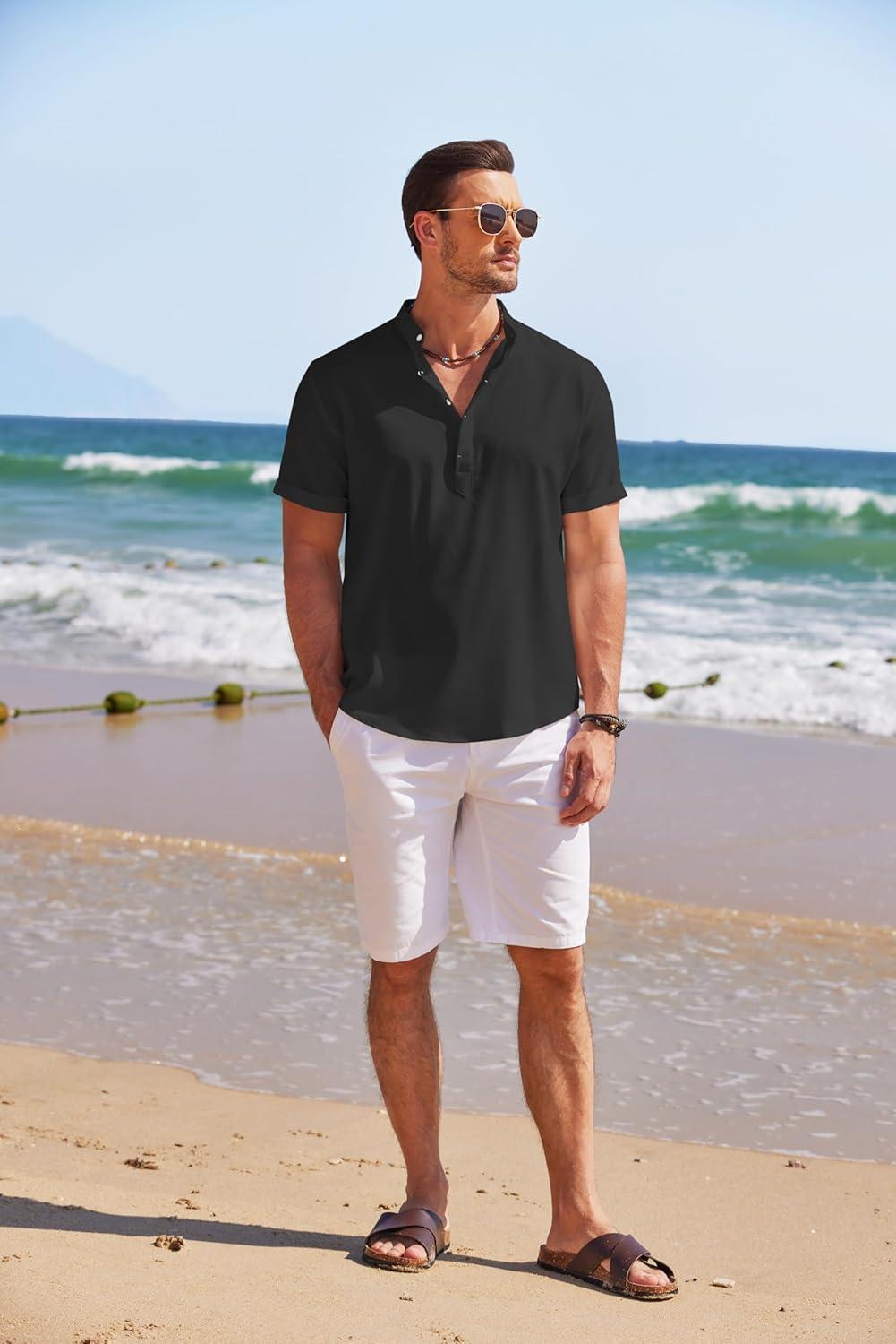 imageCOOFANDY Mens Linen Henley Shirt Short Sleeve Casual Summer Beach Hippie T ShirtsBlack