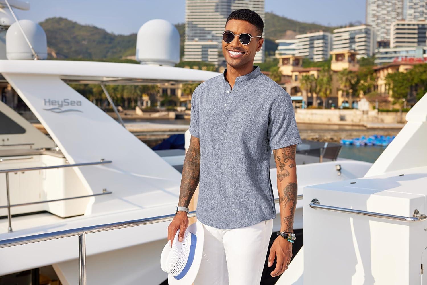 imageCOOFANDY Mens Linen Henley Shirt Short Sleeve Casual Summer Beach Hippie T ShirtsBlue