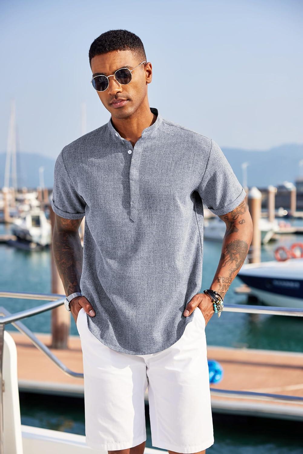 imageCOOFANDY Mens Linen Henley Shirt Short Sleeve Casual Summer Beach Hippie T ShirtsBlue