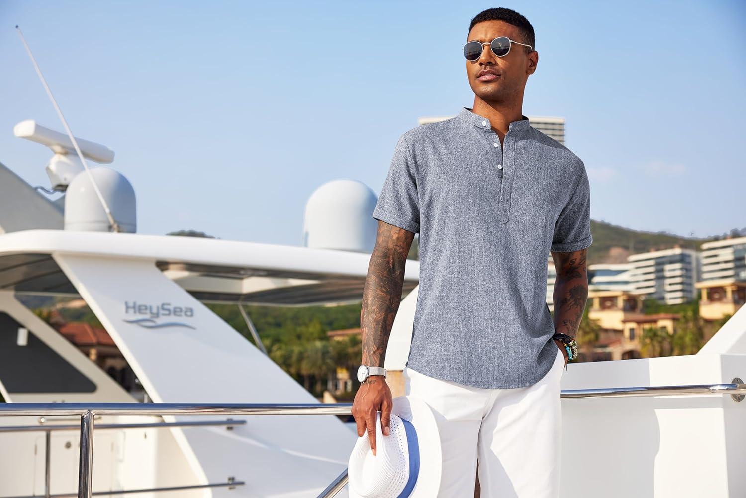 imageCOOFANDY Mens Linen Henley Shirt Short Sleeve Casual Summer Beach Hippie T ShirtsBlue