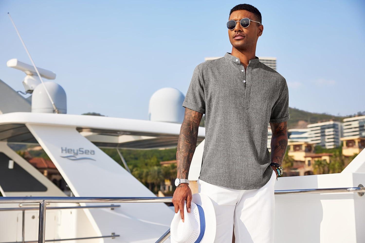 imageCOOFANDY Mens Linen Henley Shirt Short Sleeve Casual Summer Beach Hippie T ShirtsDark Grey