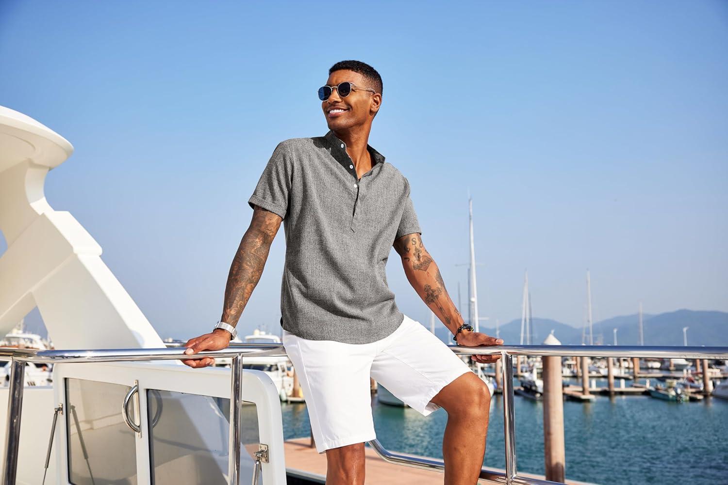 imageCOOFANDY Mens Linen Henley Shirt Short Sleeve Casual Summer Beach Hippie T ShirtsDark Grey