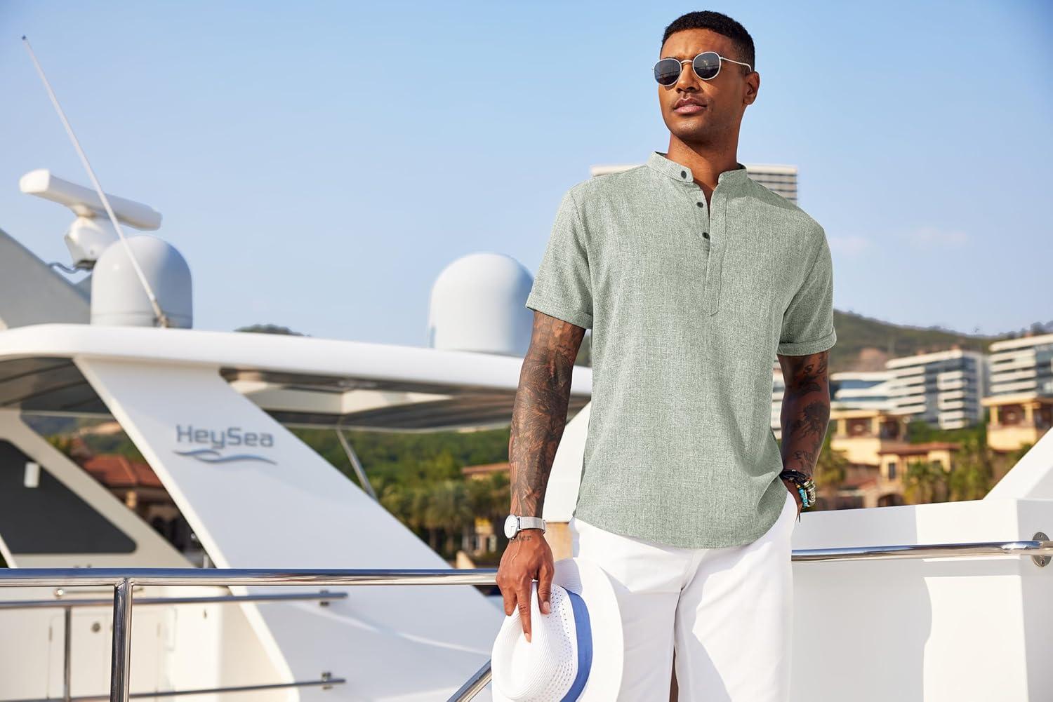 imageCOOFANDY Mens Linen Henley Shirt Short Sleeve Casual Summer Beach Hippie T ShirtsLight Green