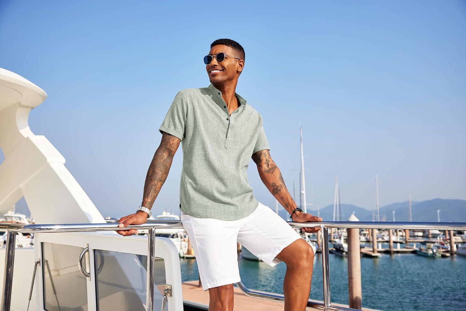 imageCOOFANDY Mens Linen Henley Shirt Short Sleeve Casual Summer Beach Hippie T ShirtsLight Green