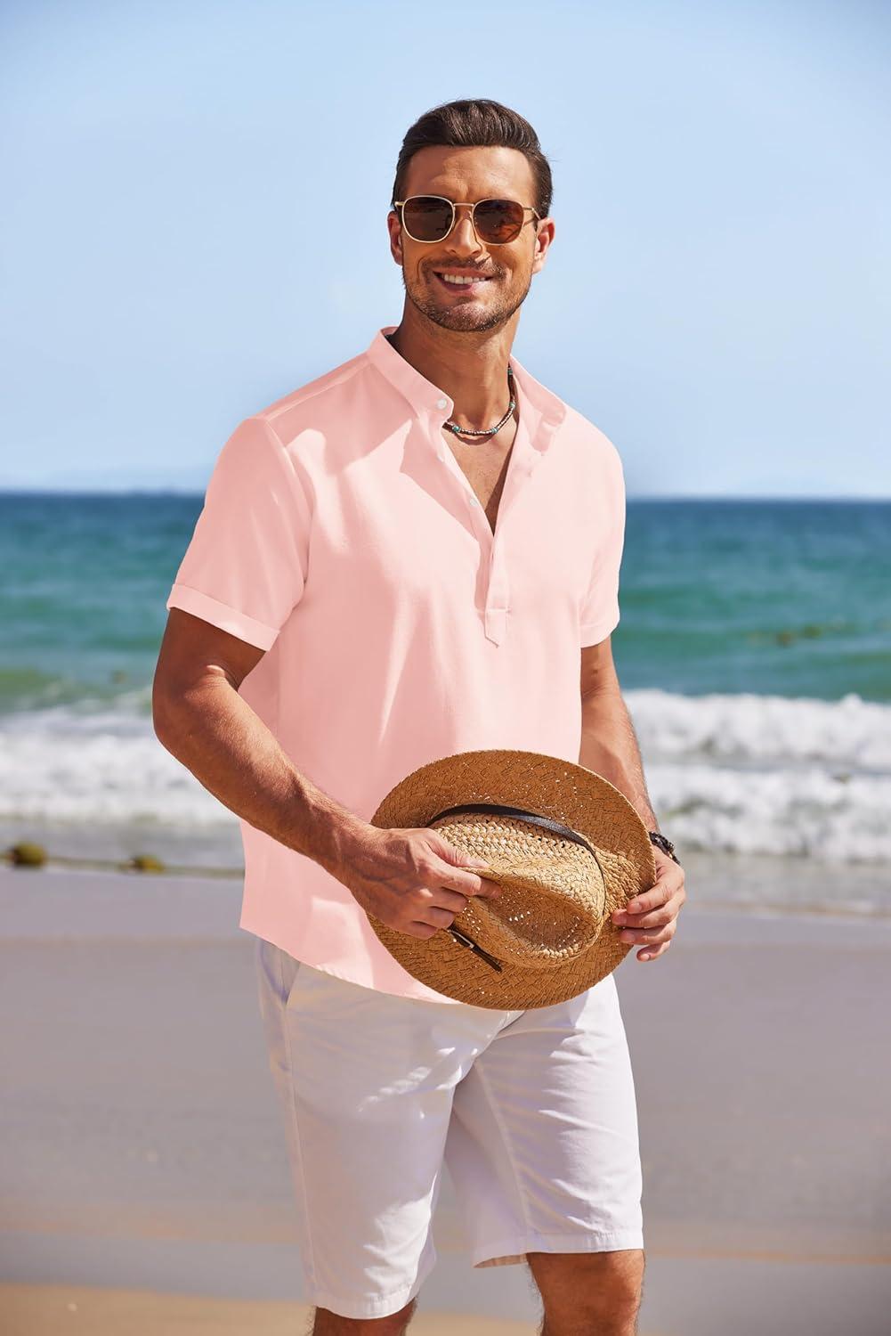 imageCOOFANDY Mens Linen Henley Shirt Short Sleeve Casual Summer Beach Hippie T ShirtsPink