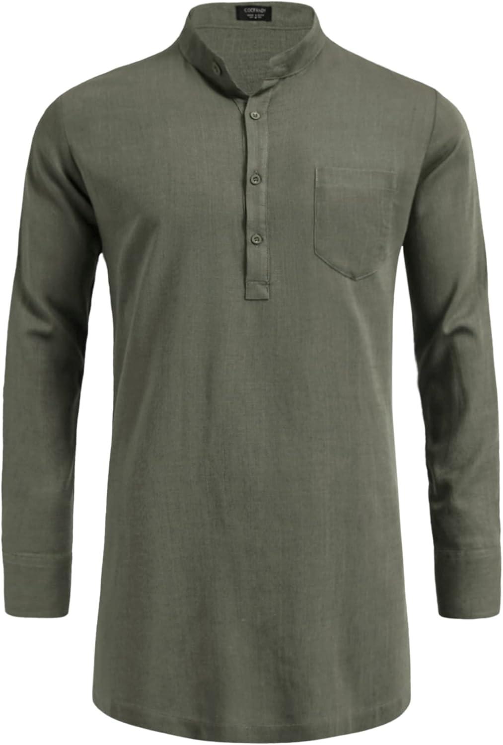 imageCOOFANDY Mens Linen Henley Shirts Long Sleeve Collarless TShirts Longline Kurta Beach Shirts with PocketArmy Green