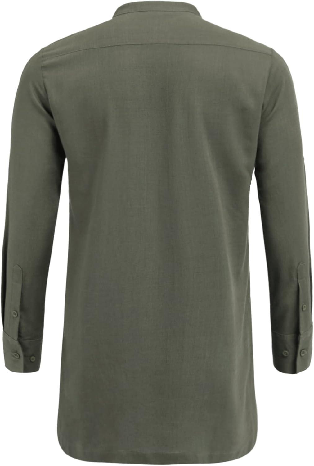 imageCOOFANDY Mens Linen Henley Shirts Long Sleeve Collarless TShirts Longline Kurta Beach Shirts with PocketArmy Green