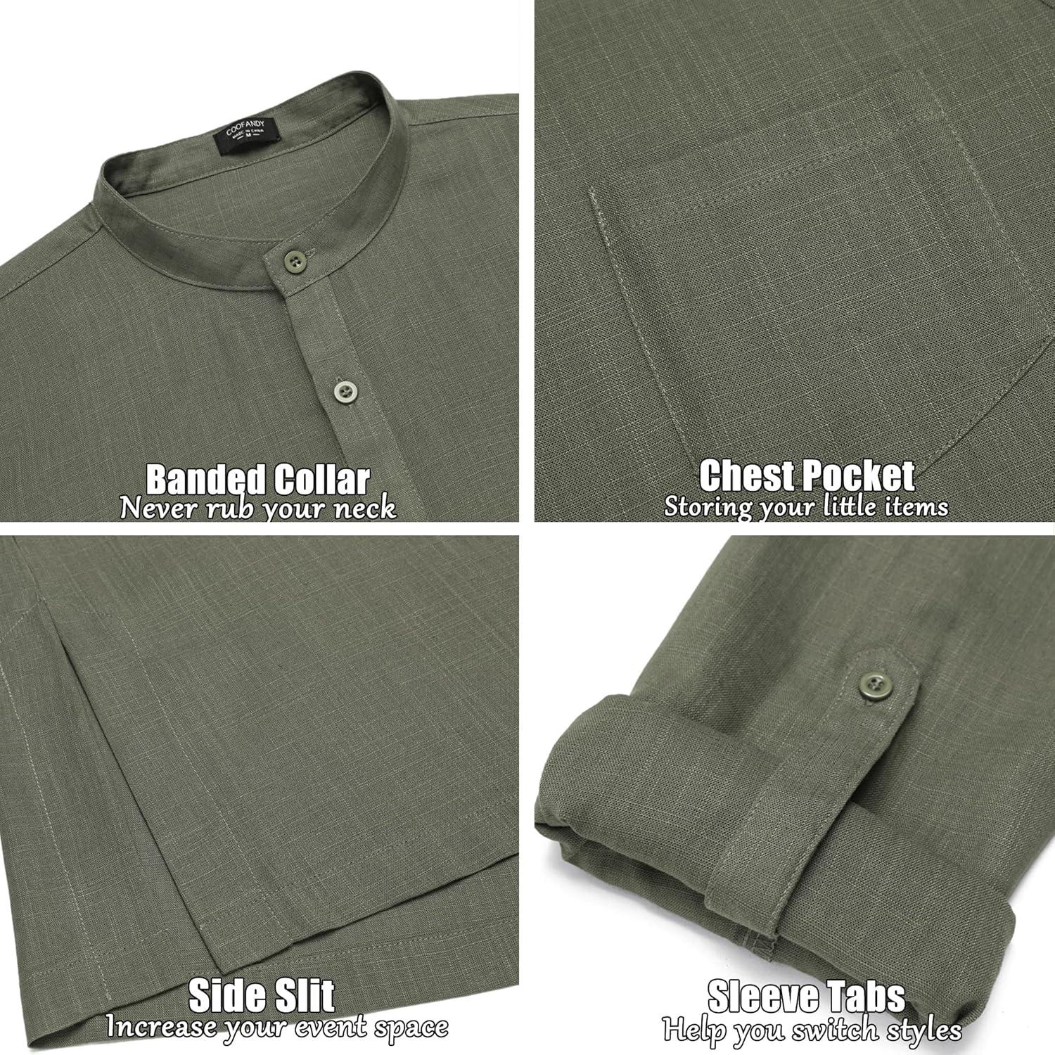 imageCOOFANDY Mens Linen Henley Shirts Long Sleeve Collarless TShirts Longline Kurta Beach Shirts with PocketArmy Green