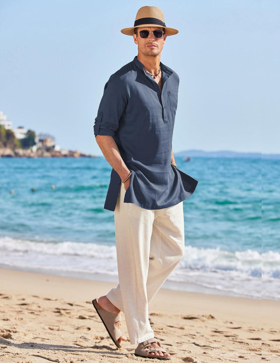 imageCOOFANDY Mens Linen Henley Shirts Long Sleeve Collarless TShirts Longline Kurta Beach Shirts with PocketNavy Blue