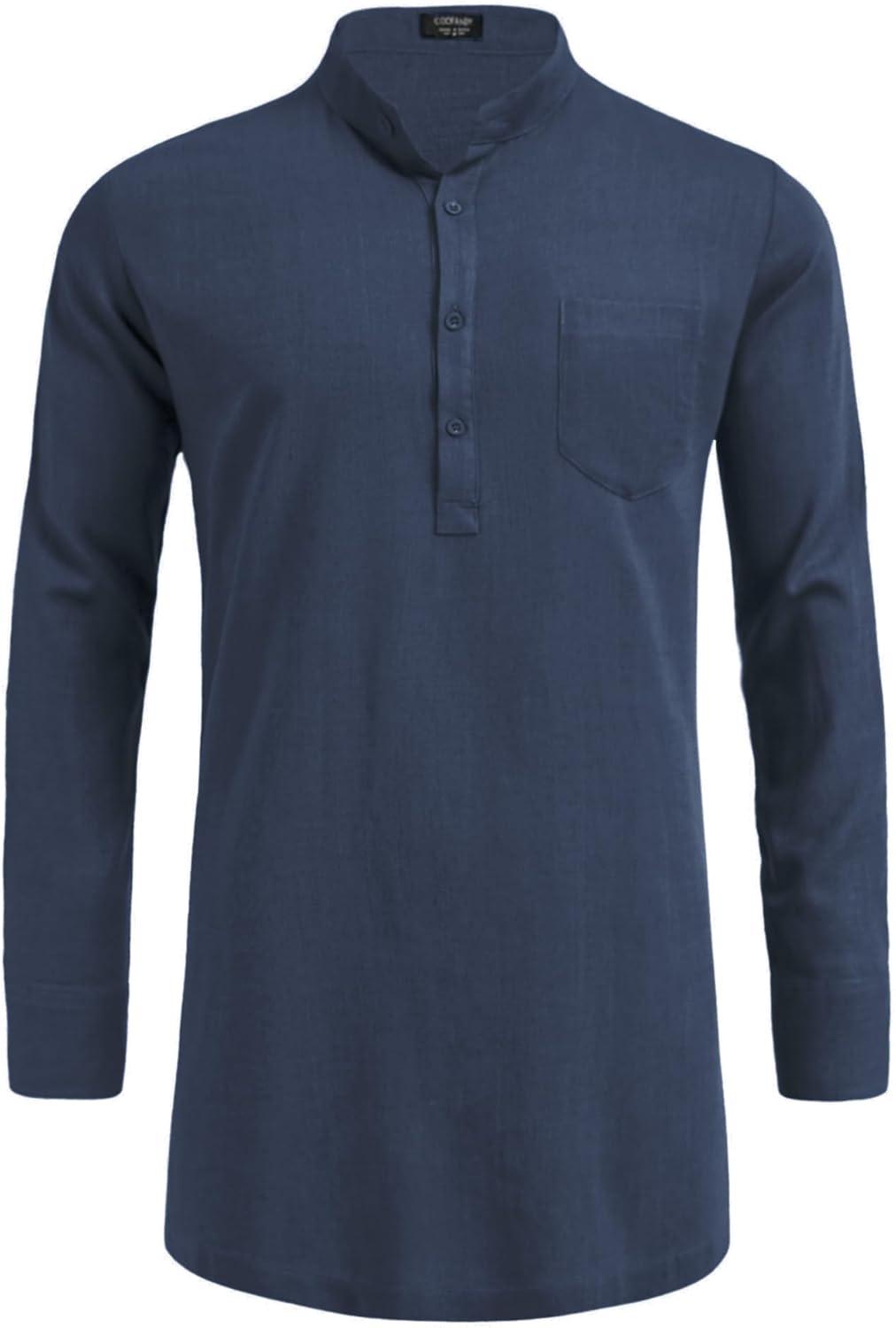 imageCOOFANDY Mens Linen Henley Shirts Long Sleeve Collarless TShirts Longline Kurta Beach Shirts with PocketNavy Blue
