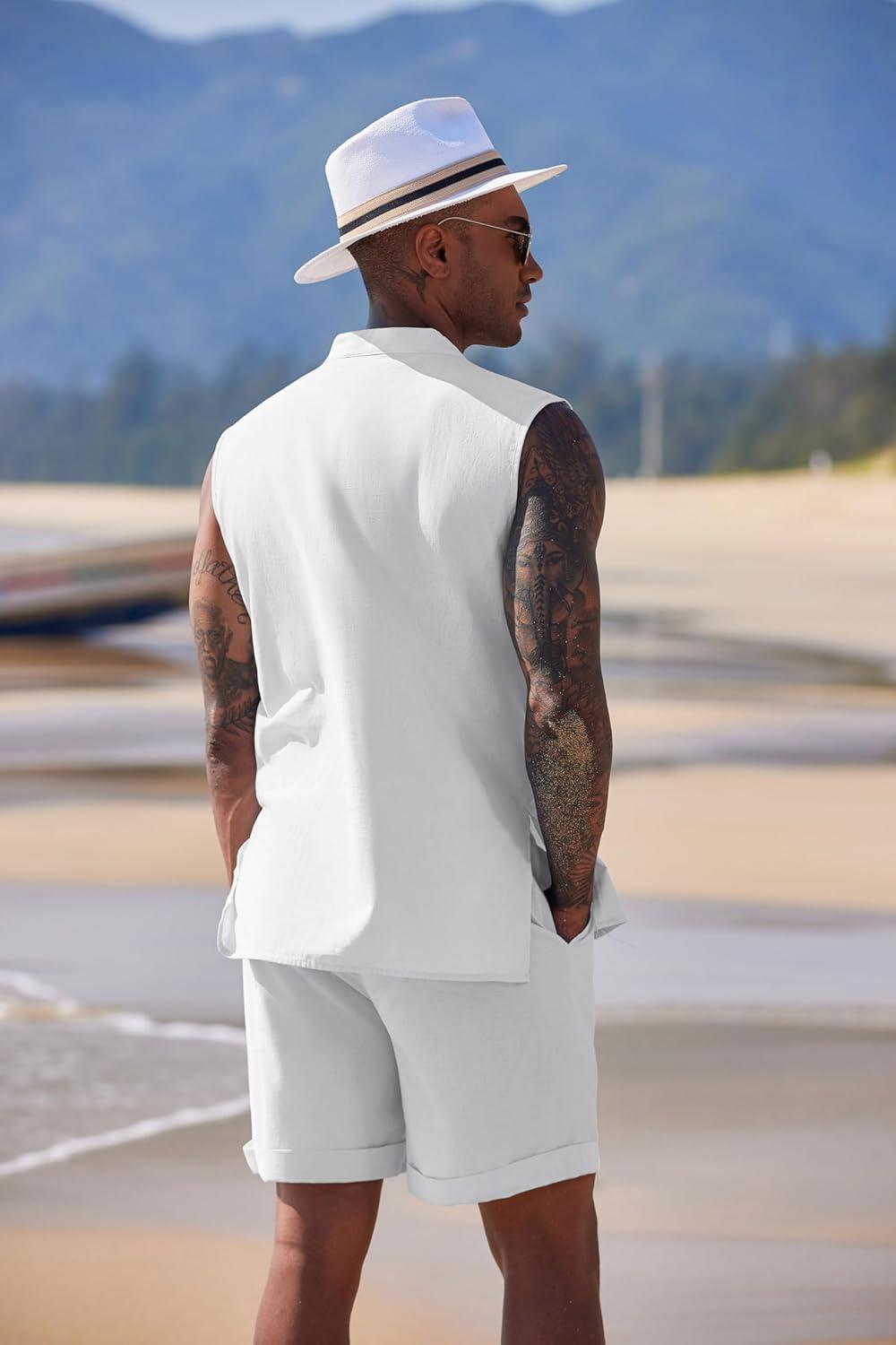 imageCOOFANDY Mens Linen Sets 2 Piece Beach Outfits Lace Up Hippie Tank Tops Summer Casual Sleeveless Shirts Matching Shorts Set1white