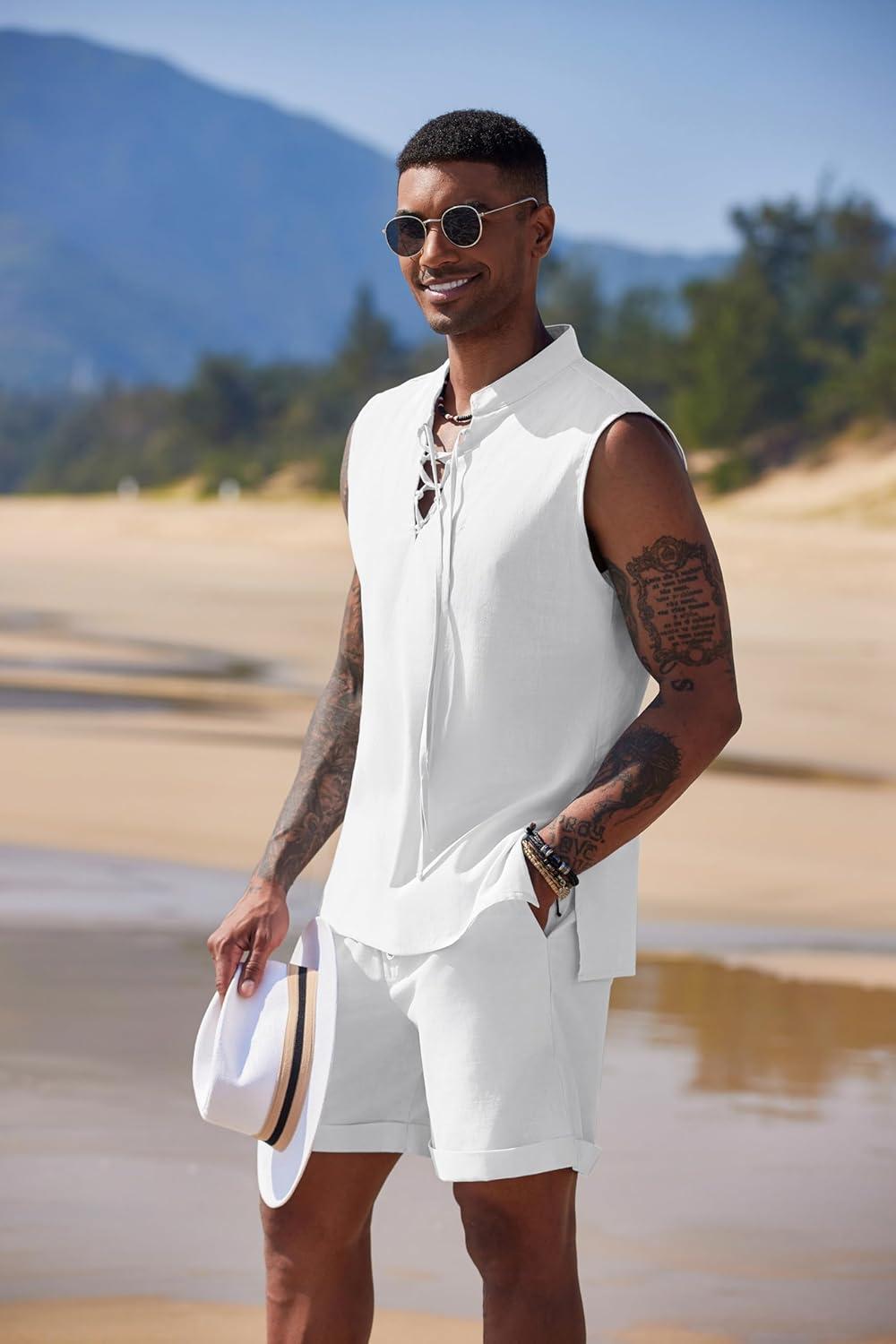imageCOOFANDY Mens Linen Sets 2 Piece Beach Outfits Lace Up Hippie Tank Tops Summer Casual Sleeveless Shirts Matching Shorts Set1white