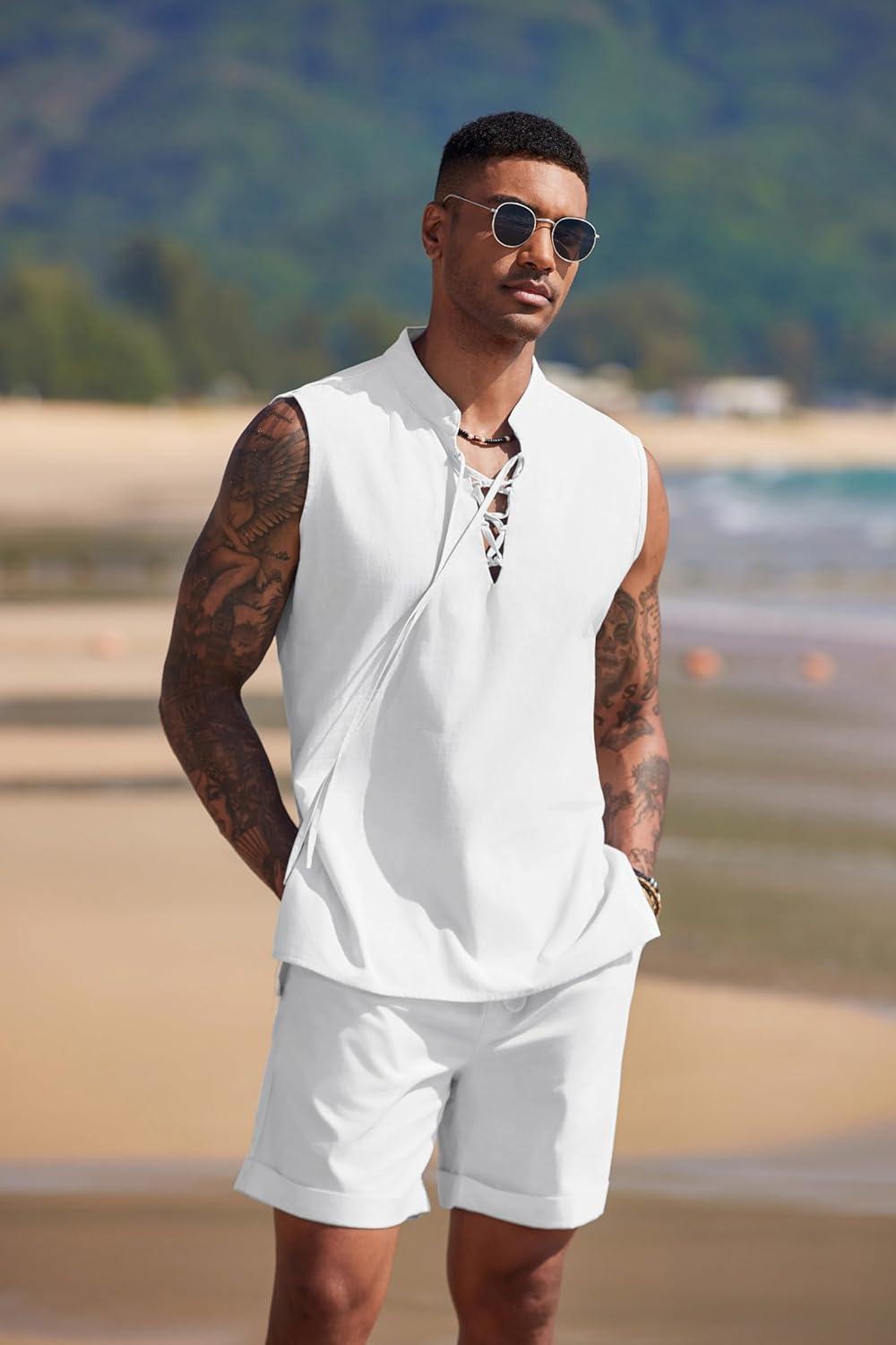 imageCOOFANDY Mens Linen Sets 2 Piece Beach Outfits Lace Up Hippie Tank Tops Summer Casual Sleeveless Shirts Matching Shorts Set1white
