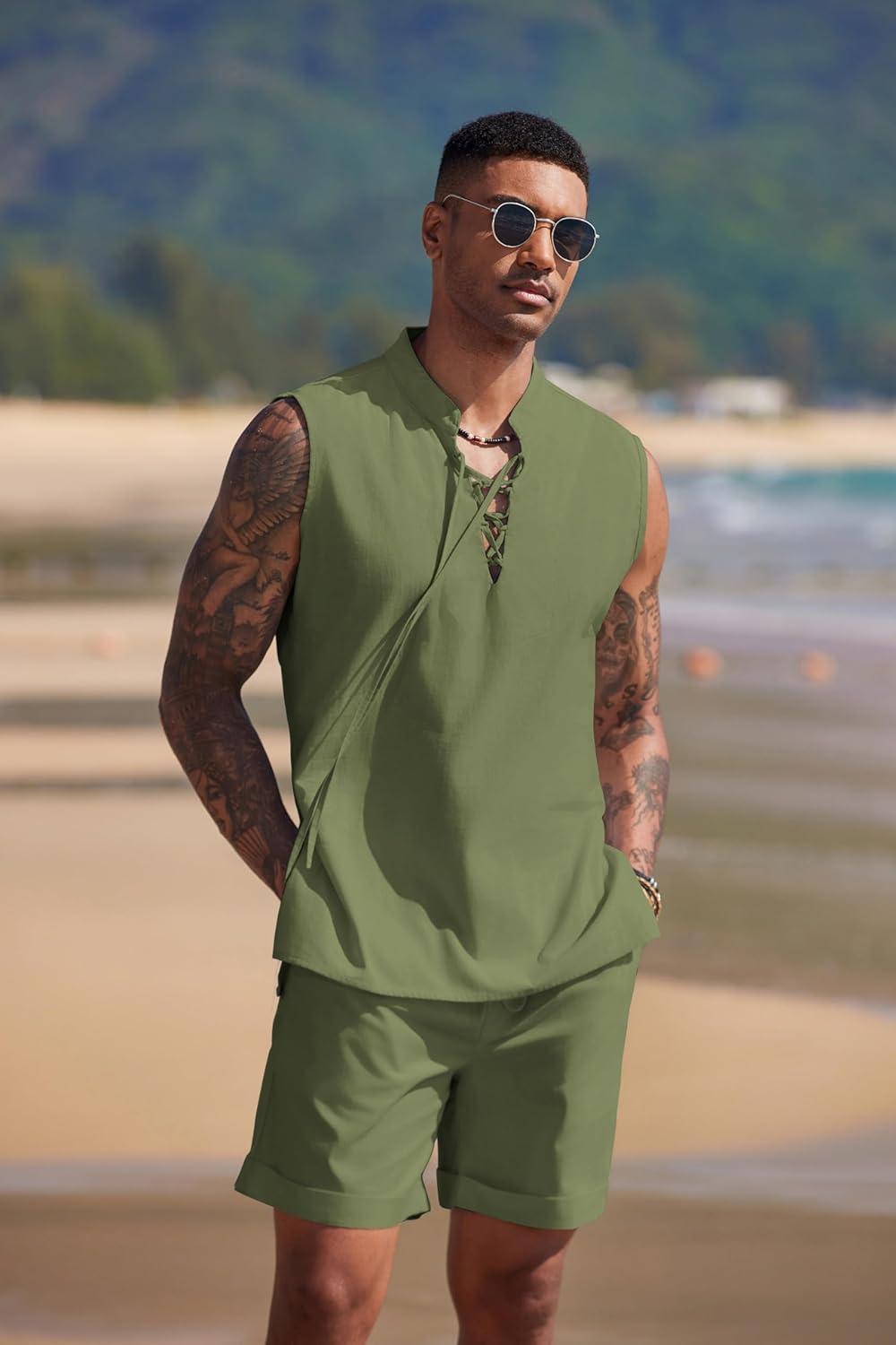 imageCOOFANDY Mens Linen Sets 2 Piece Beach Outfits Lace Up Hippie Tank Tops Summer Casual Sleeveless Shirts Matching Shorts SetArmy Green