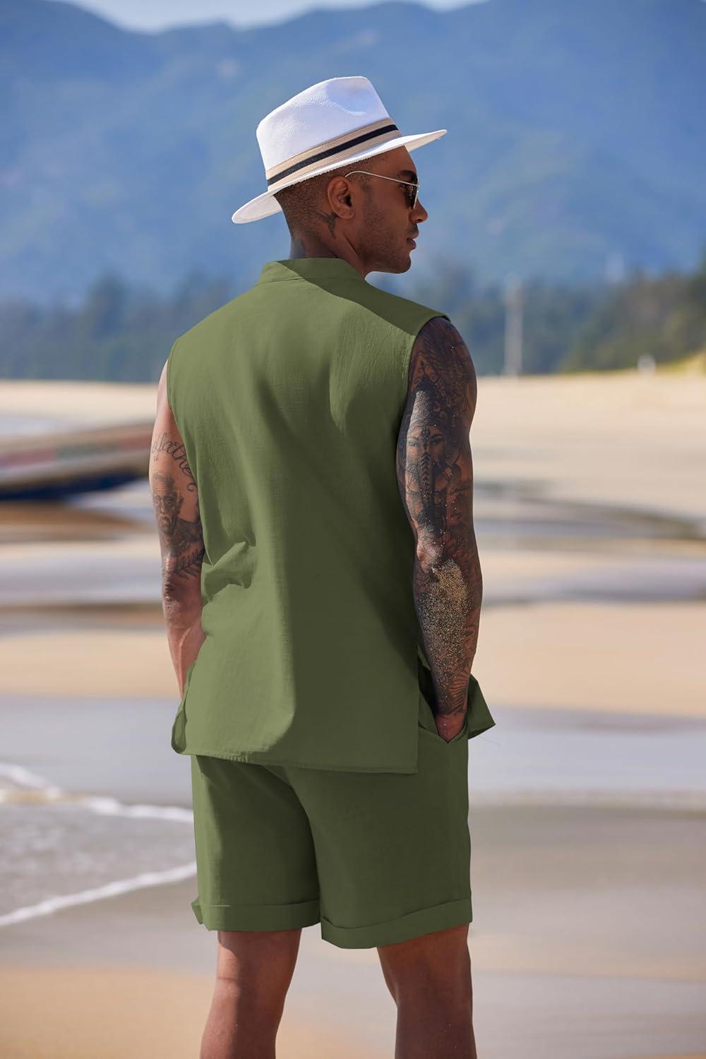 imageCOOFANDY Mens Linen Sets 2 Piece Beach Outfits Lace Up Hippie Tank Tops Summer Casual Sleeveless Shirts Matching Shorts SetArmy Green