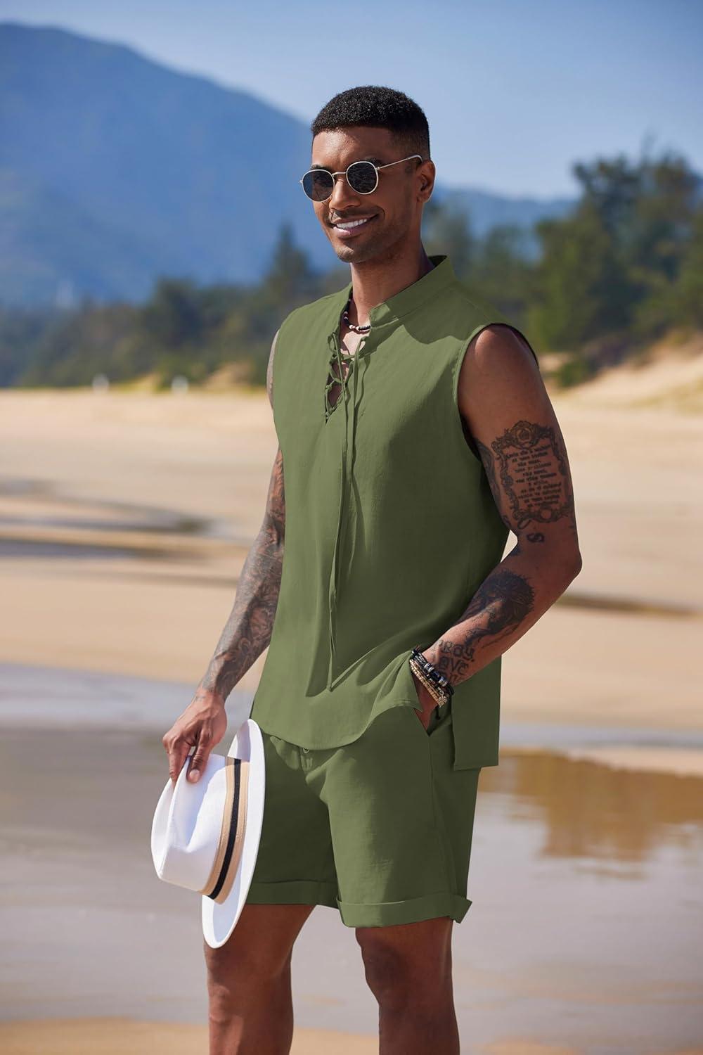 imageCOOFANDY Mens Linen Sets 2 Piece Beach Outfits Lace Up Hippie Tank Tops Summer Casual Sleeveless Shirts Matching Shorts SetArmy Green
