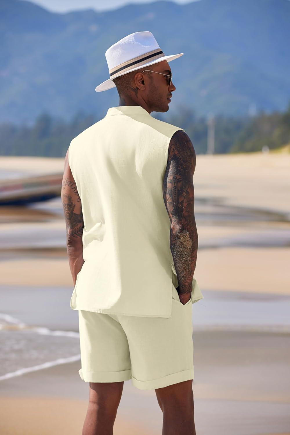 imageCOOFANDY Mens Linen Sets 2 Piece Beach Outfits Lace Up Hippie Tank Tops Summer Casual Sleeveless Shirts Matching Shorts SetBeige